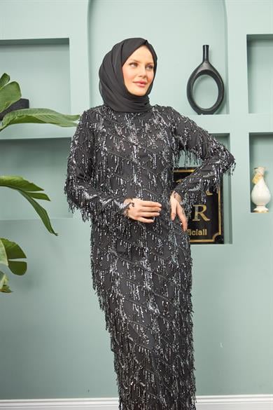 Rana Tasseled Evening Dress - Silver