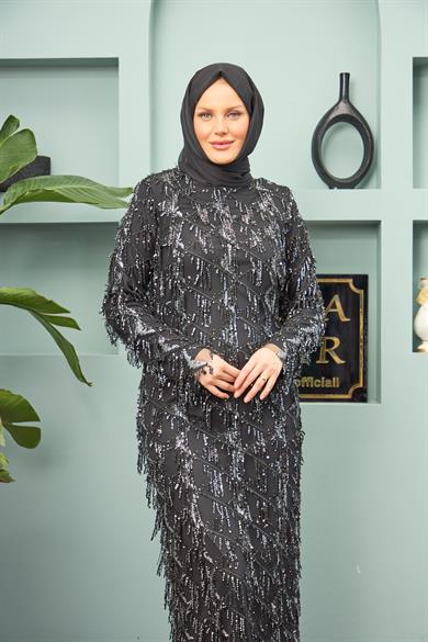 Rana Tasseled Evening Dress - Silver