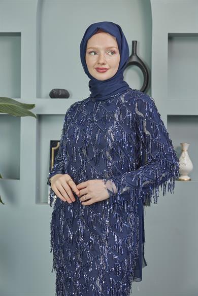Rana Tasseled Evening Dress - Navy Blue