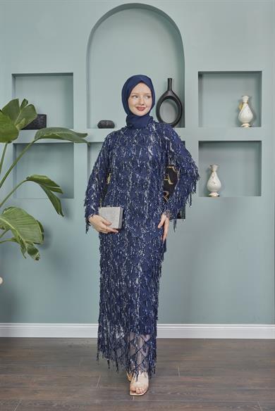Rana Tasseled Evening Dress - Navy Blue