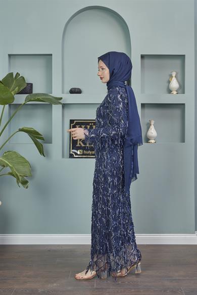 Rana Tasseled Evening Dress - Navy Blue