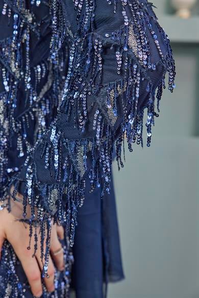 Rana Tasseled Evening Dress - Navy Blue