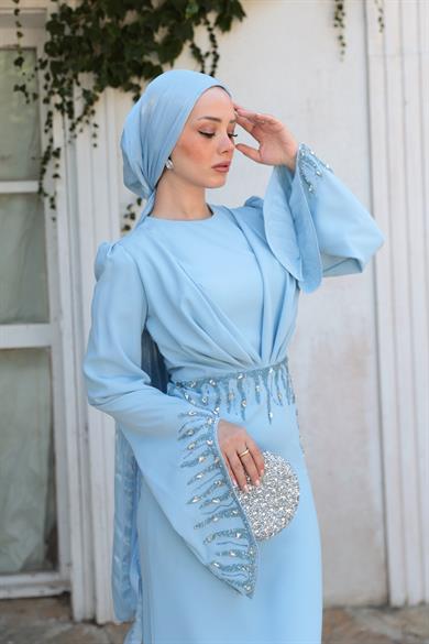 Şakayık Taş Detay Abiye - Bebe Mavi