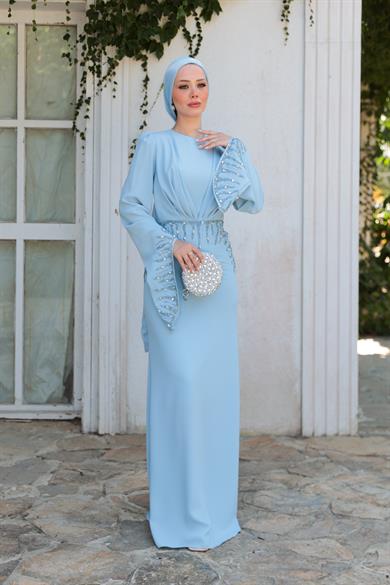 Şakayık Taş Detay Abiye - Bebe Mavi