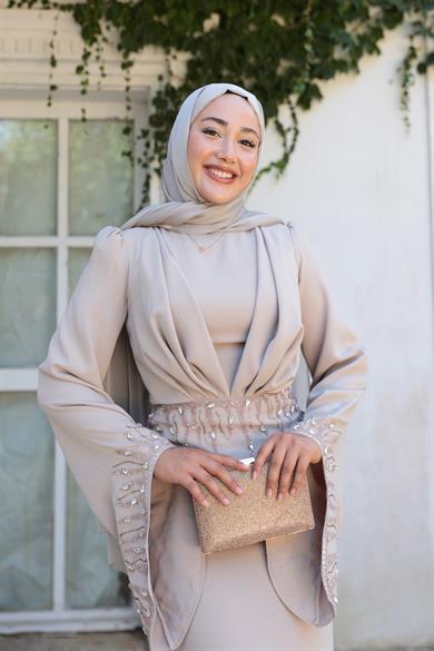 Şakayık Taş Detay Abiye - Bej