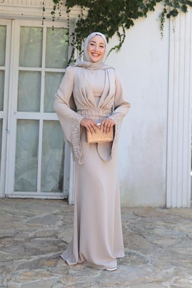 Şakayık Taş Detay Abiye - Bej