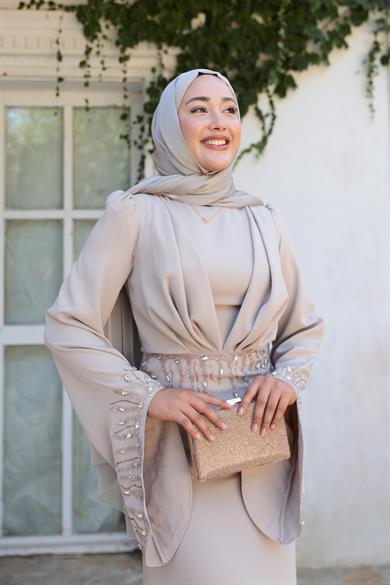 Şakayık Taş Detay Abiye - Bej