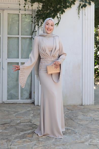 Şakayık Taş Detay Abiye - Bej