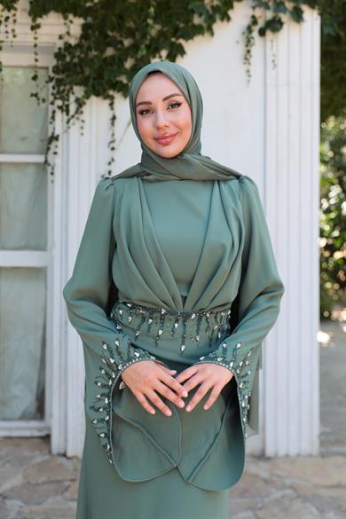 Şakayık Taş Detay Abiye - Haki