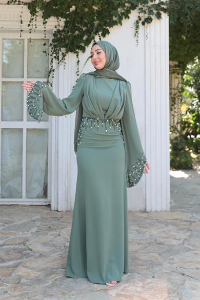 Şakayık Taş Detay Abiye - Haki