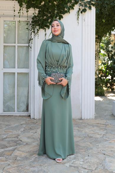 Şakayık Taş Detay Abiye - Haki