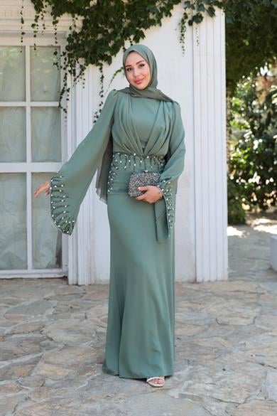 Şakayık Taş Detay Abiye - Haki