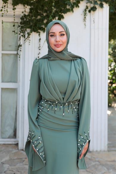 Şakayık Taş Detay Abiye - Haki