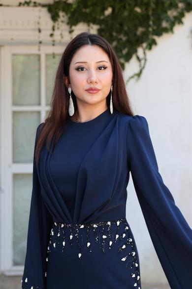 Şakayık Taş Detay Abiye - Lacivert