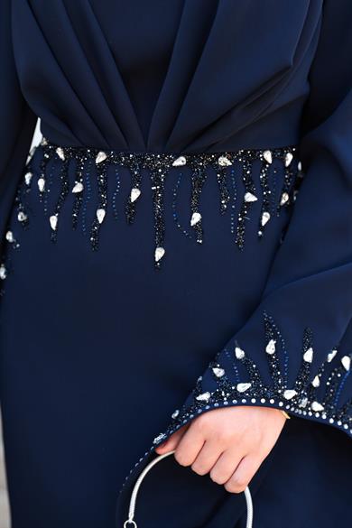 Şakayık Taş Detay Abiye - Lacivert