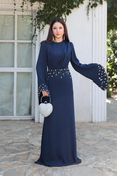 Şakayık Taş Detay Abiye - Lacivert