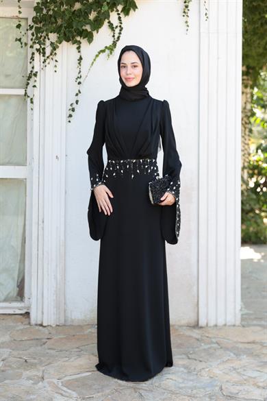 Şakayık Taş Detay Abiye - Siyah