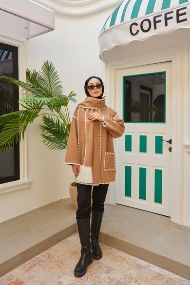 Şal Yaka Biyeli Triko Hırka - Taba