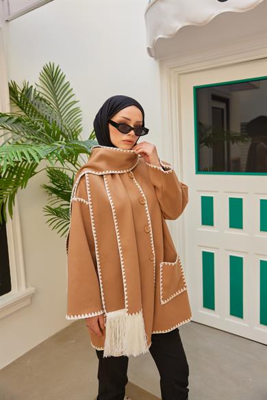 Şal Yaka Biyeli Triko Hırka - Taba