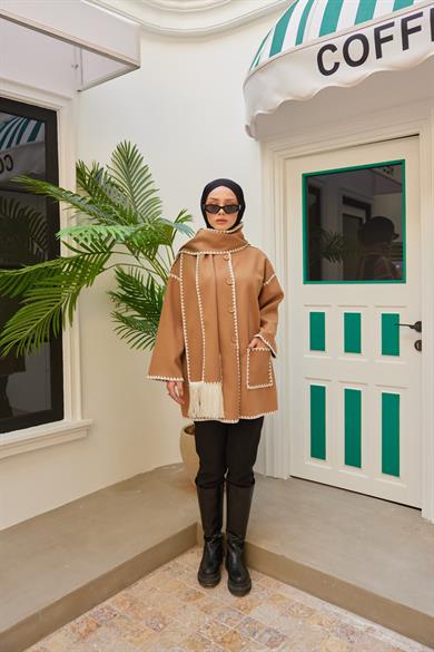 Şal Yaka Biyeli Triko Hırka - Taba