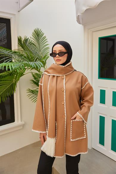 Şal Yaka Biyeli Triko Hırka - Taba