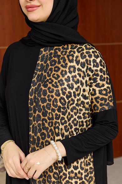 Sandy Leopar Detay Elbise - Siyah