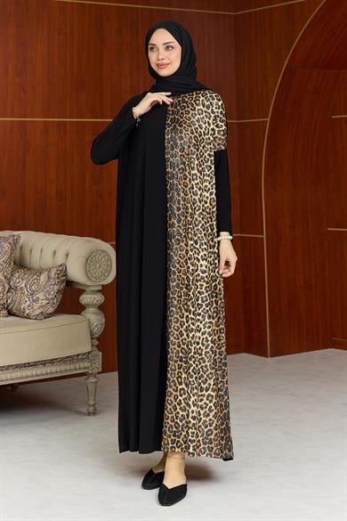 Sandy Leopar Detay Elbise - Siyah