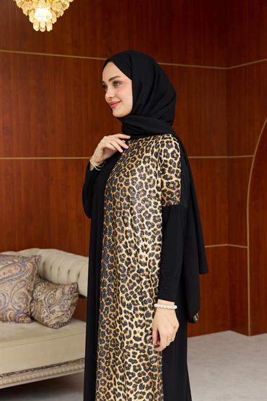Sandy Leopar Detay Elbise - Siyah