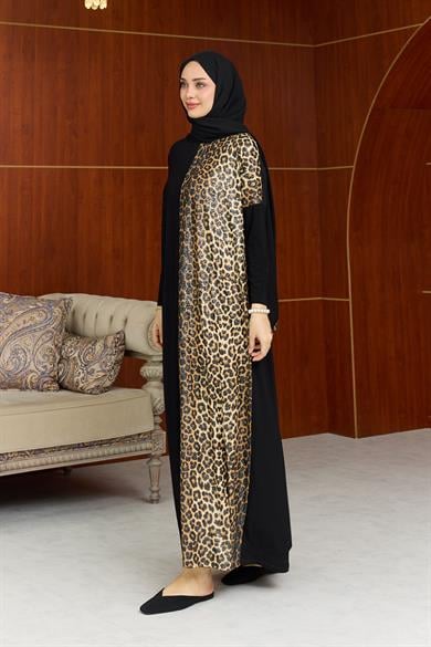 Sandy Leopar Detay Elbise - Siyah