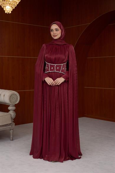 Sardunya Bel İşleme Detaylı Abiye - Bordo