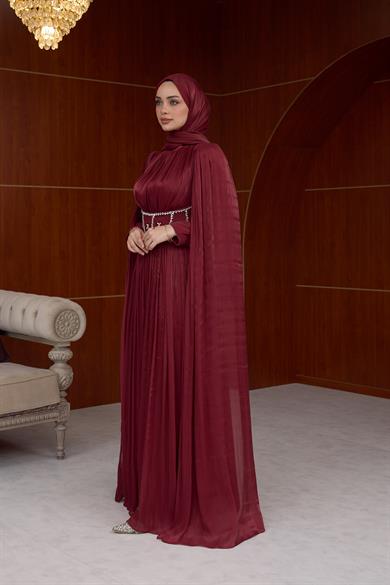 Sardunya Bel İşleme Detaylı Abiye - Bordo