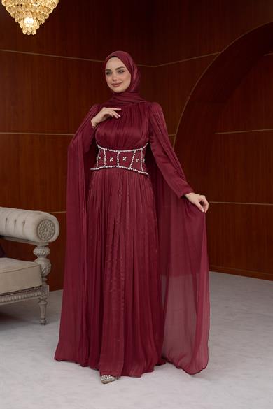 Sardunya Bel İşleme Detaylı Abiye - Bordo