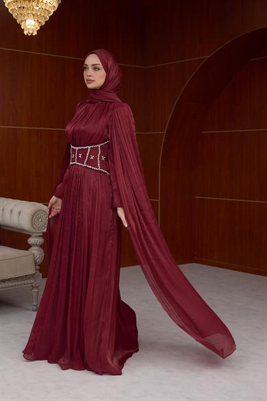Sardunya Bel İşleme Detaylı Abiye - Bordo