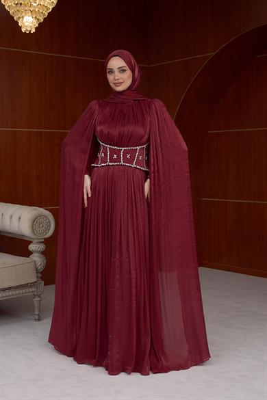 Sardunya Bel İşleme Detaylı Abiye - Bordo