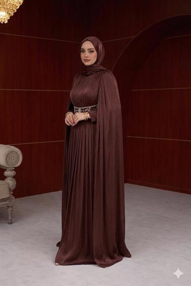 Sardunya Bel İşleme Detaylı Abiye - Kahverengi
