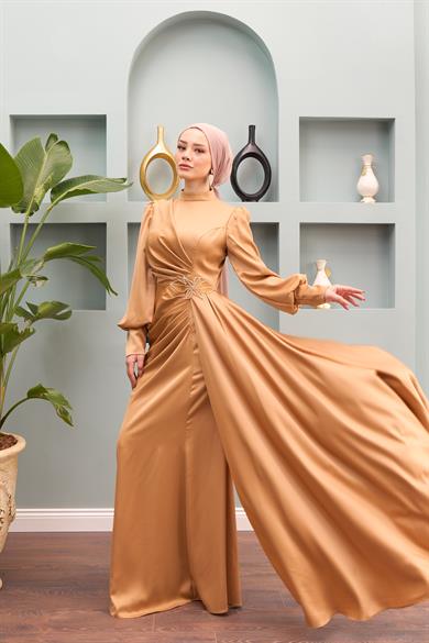 Sare Waist Stone Detailed Evening Dress - Gold