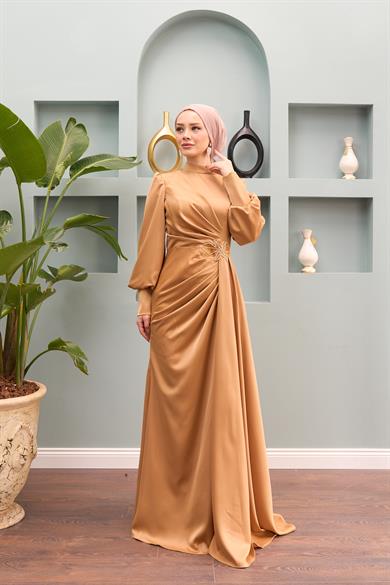 Sare Waist Stone Detailed Evening Dress - Gold