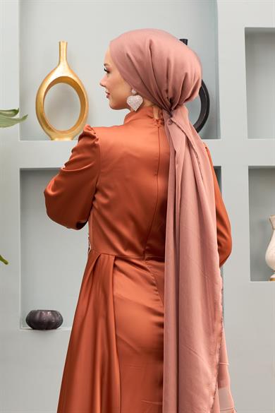 Sare Waist Stone Detailed Evening Dress - Tile