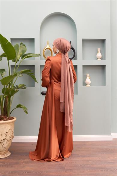 Sare Waist Stone Detailed Evening Dress - Tile