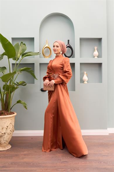 Sare Waist Stone Detailed Evening Dress - Tile