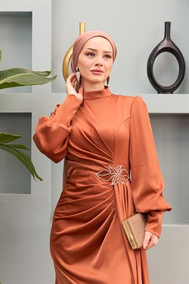 Sare Waist Stone Detailed Evening Dress - Tile