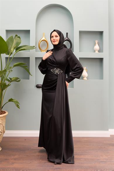 Sare Waist Stone Detailed Evening Dress - Black