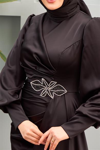 Sare Waist Stone Detailed Evening Dress - Black