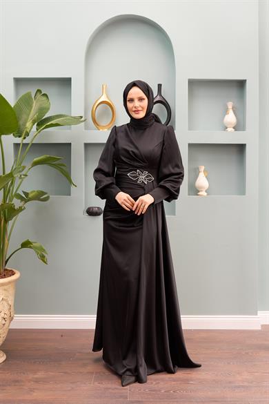 Sare Waist Stone Detailed Evening Dress - Black