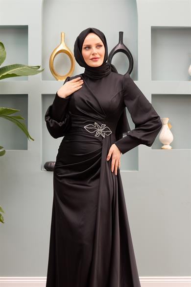 Sare Waist Stone Detailed Evening Dress - Black