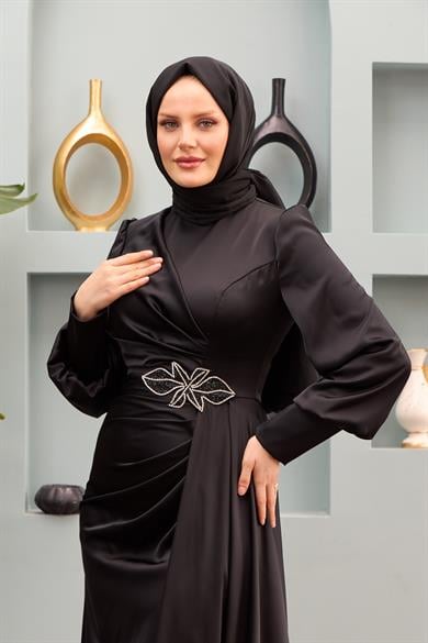 Sare Waist Stone Detailed Evening Dress - Black