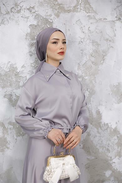 Saten Etekli Takım - Gri