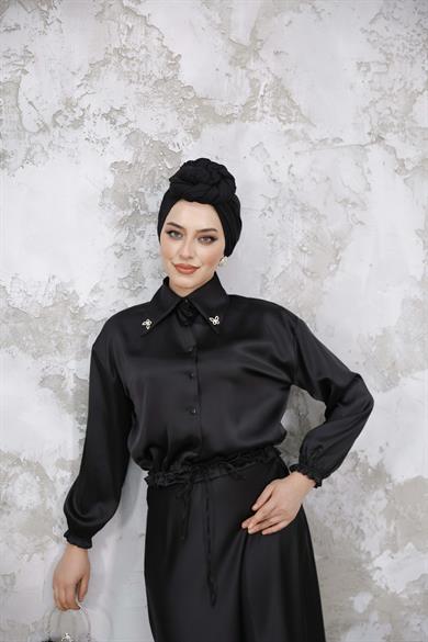 Saten Etekli Takım - Siyah