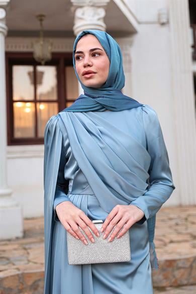 Saten Pelerin Abiye - Bebe Mavi