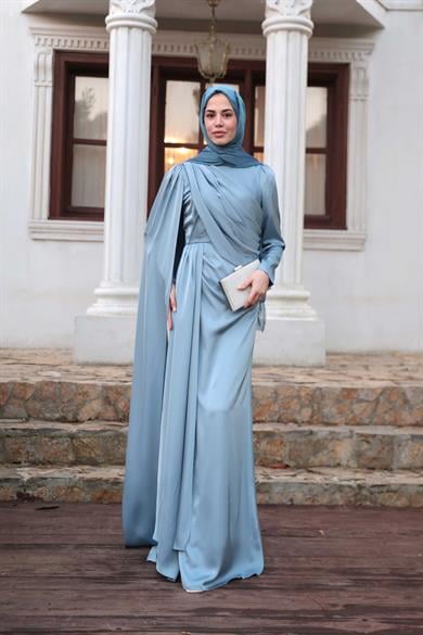 Saten Pelerin Abiye - Bebe Mavi